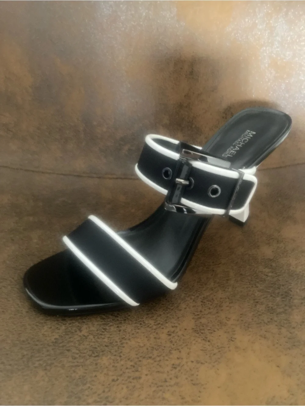 Michael Kors Black Colby Neoprene Heeled Sandal Slides with White Piping